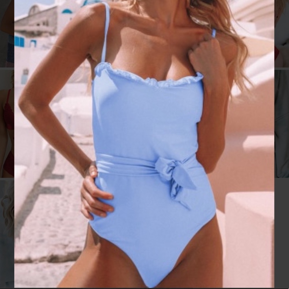 Sky Blue Frill Neck Waist Sash One-piece